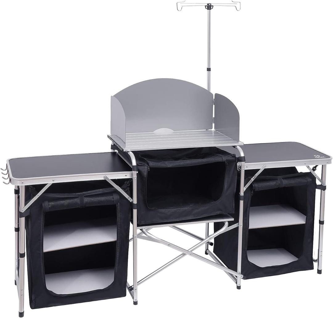Nice C Camping Kitchen Table, Folding Grill Table, Upgrade Light Stand and Windshield Cooking Station & 3 Organizers, Carry Bag for Outdoor, Beach, BBQ, Picnic, Cooking, Indoor, Office(Silver)