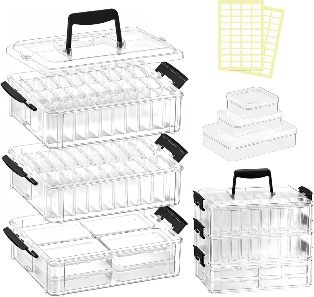Bead Organizer Box 58 Pcs, 3-Tier Stackable Storage Box, and 3 Different Container Sizes Small Plastic Containers with Lids, Portability, Clear Organizers for Jewelry DIY Craft Storage