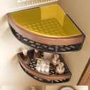 2-Pack Corner Shower Caddy with Walnut Wooden Shelf, Wall Mounted Bathroom Organizer, Matte Black Aluminum Alloy Storage Rack for Toilet, Dorm and Kitchen