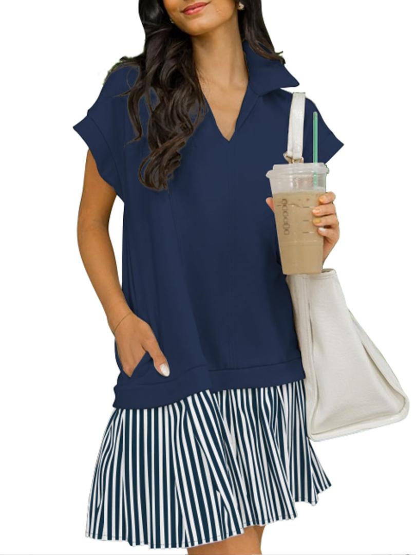 Skoinvb Women's Cap Sleeve Polo Dress V Neck Striped Casual Shirt Dresses Pleated Summer Fall School Dress with Pockets Dark Blue Small (S)