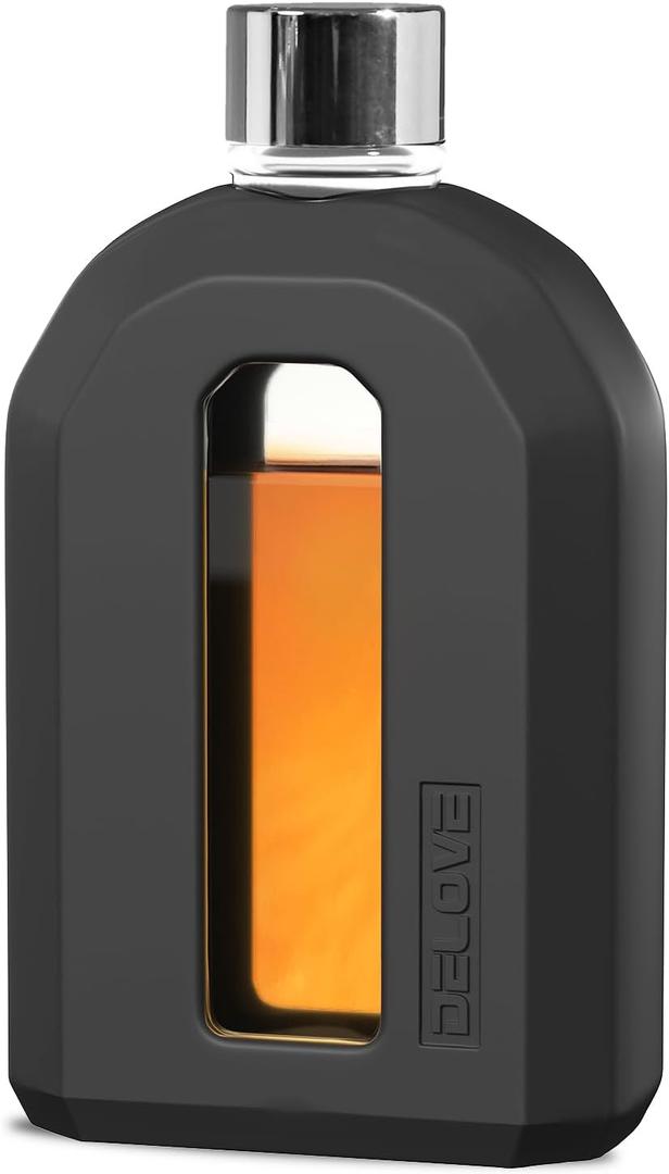 Delove Modern Glass Hip Flask with Silicone Sleeve- Small Portable Travel Flask- Clear Pocket Drinking Flask for Men&Women- Wedding Party, Groomsman, Bridesmaid, Gift- 7.5oz/220ml,Black