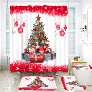 ArtSocket 4 Pcs Shower Curtain Set Christmas Tree Red Ball Gift Decor with Non-Slip Rugs Toilet Lid Cover and Bath Mat Bathroom Decor Set 72" x 72"