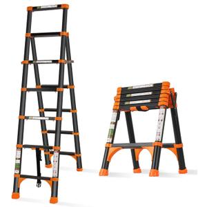 RIKADE A-Frame Telescoping Ladder with 1-Button Retraction, Aluminum Adjustable Extension Ladder, Portable Lightweight Folding Design for Home/RV Use, 330lb Capacity(1.7+2M)