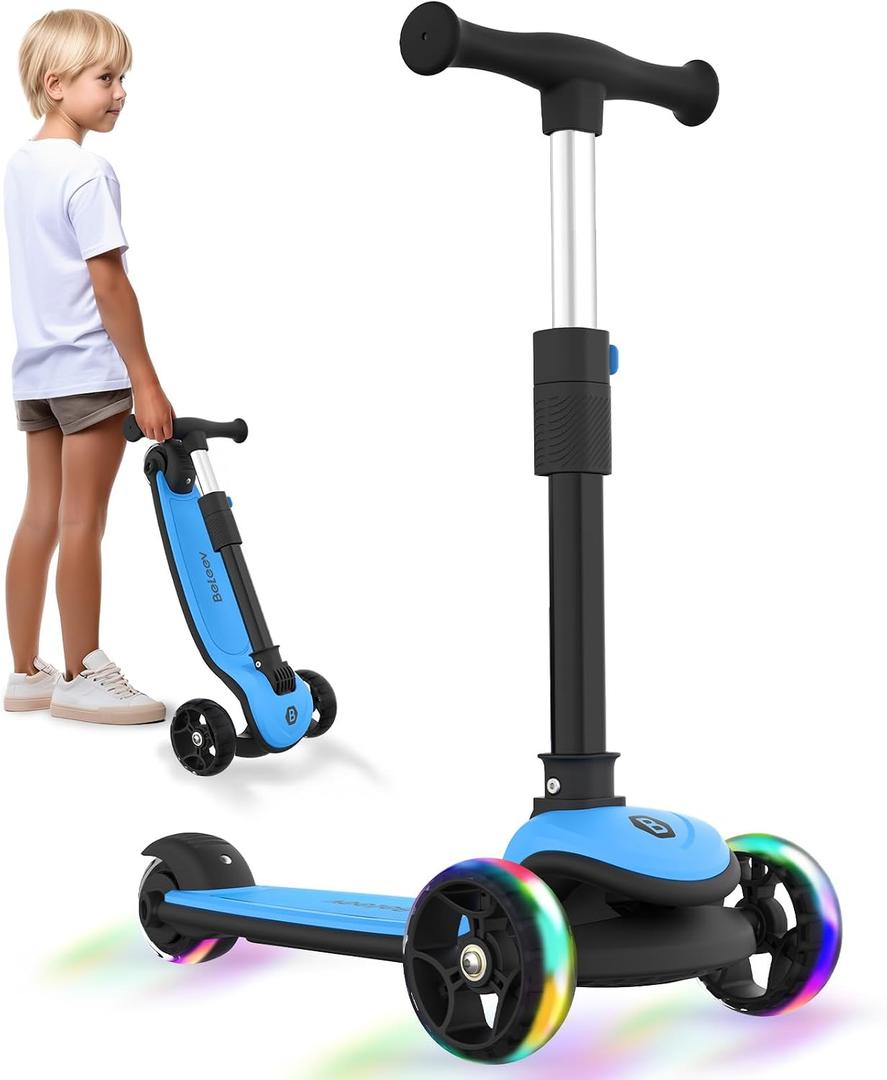 BELEEV A8 Scooter for Kids Ages 3-12, 3 Wheel Folding Scooter for Toddlers Girls Boys, LED Light-Up Wheels, 4 Adjustable Height, Lean to Steer, Extra Wide Wheels, Three Wheel Kick Scooter for Children
