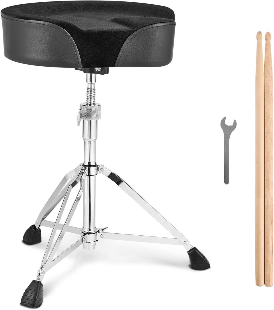 VEVOR Saddle Drum Throne, 22-27.8 in / 560-705 mm Height Adjustable, Padded Drum Stool Seat with Anti-Slip Feet 5A Drumsticks 500 lbs / 227 kg Max Weight Capacity, 360 Swivel Drum Chair for Drummers