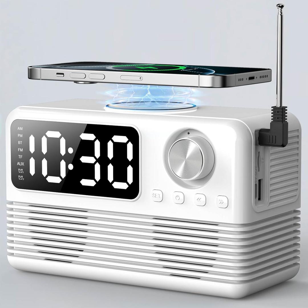 15W Fast Wireless Charger with Bluetooth Speaker and Alarm Clock Radio,4 in1 Wireless Charging Station for iPhone,Android Phones with FM Radio for Bedroom (7inch, White)
