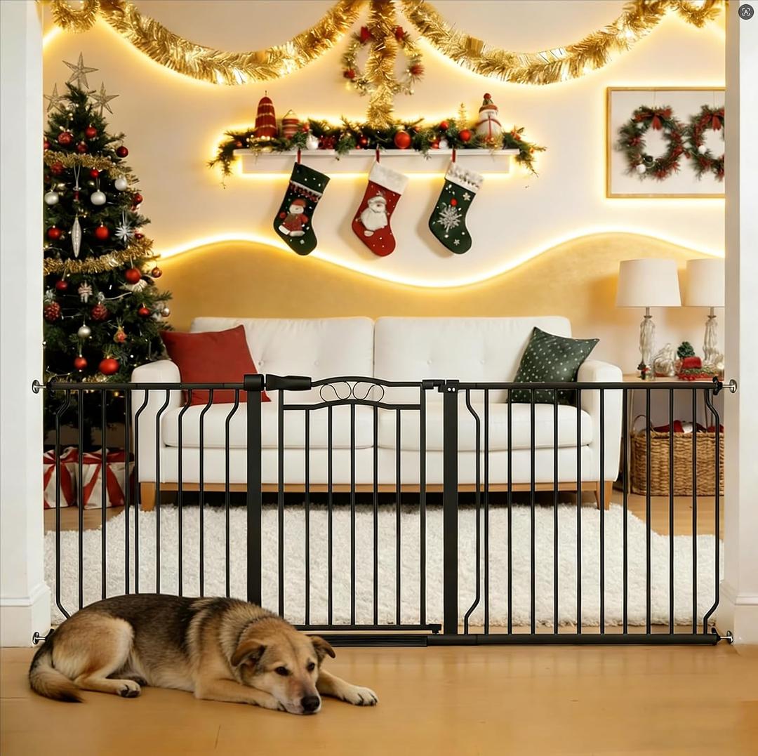 Extra Wide Baby Gate 67.3-81.1 Inch, Pressure Mounted Dog Gate Indoor, Walk Thru Pet Gate for Cat Dog Child,Pet Gates for The House Stairs Doorway Black