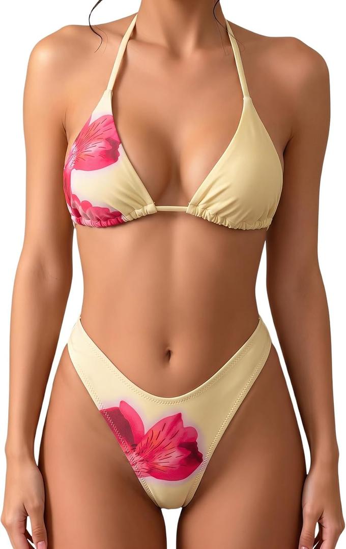 MakeMeChic Women's Polka Dots Triangle Thong Bikini Sets Floral Cute Bathing Suit Swimsuits Large