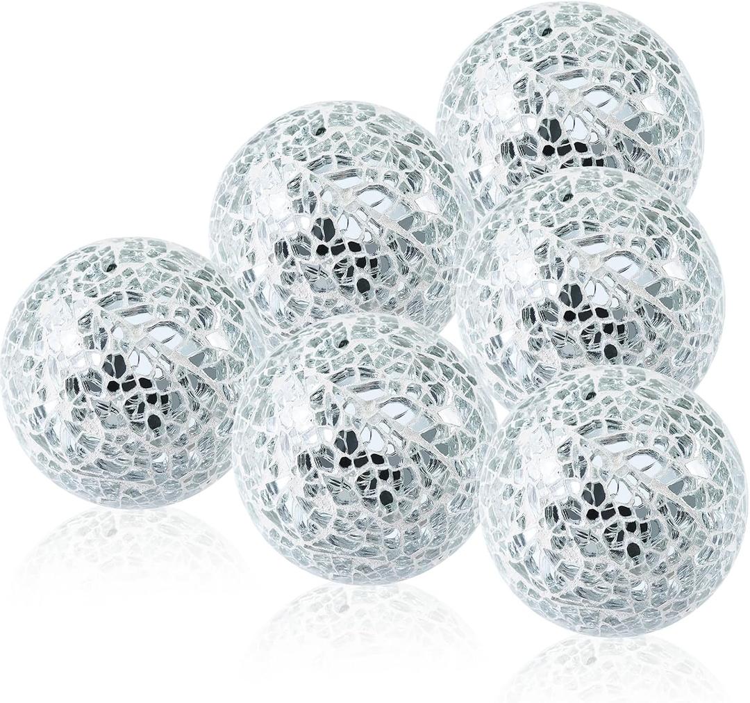 2.5 Inch Silver Mosaic Glass Balls 6 PCS Small Decorative Orbs Set Crack Solid Spheres Globe for Dining Table Centerpieces Bowls Tray Wedding Bedroom Ornaments
