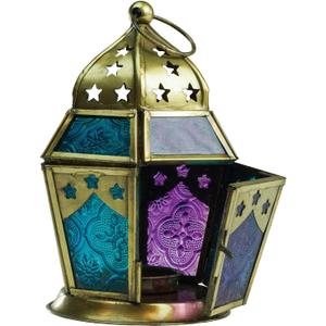In the Breeze 9210 Teal & Purple Hex Tealight Lantern  Moroccan-Style Boho Chic Tealight Glass and Metal Tabletop Lantern