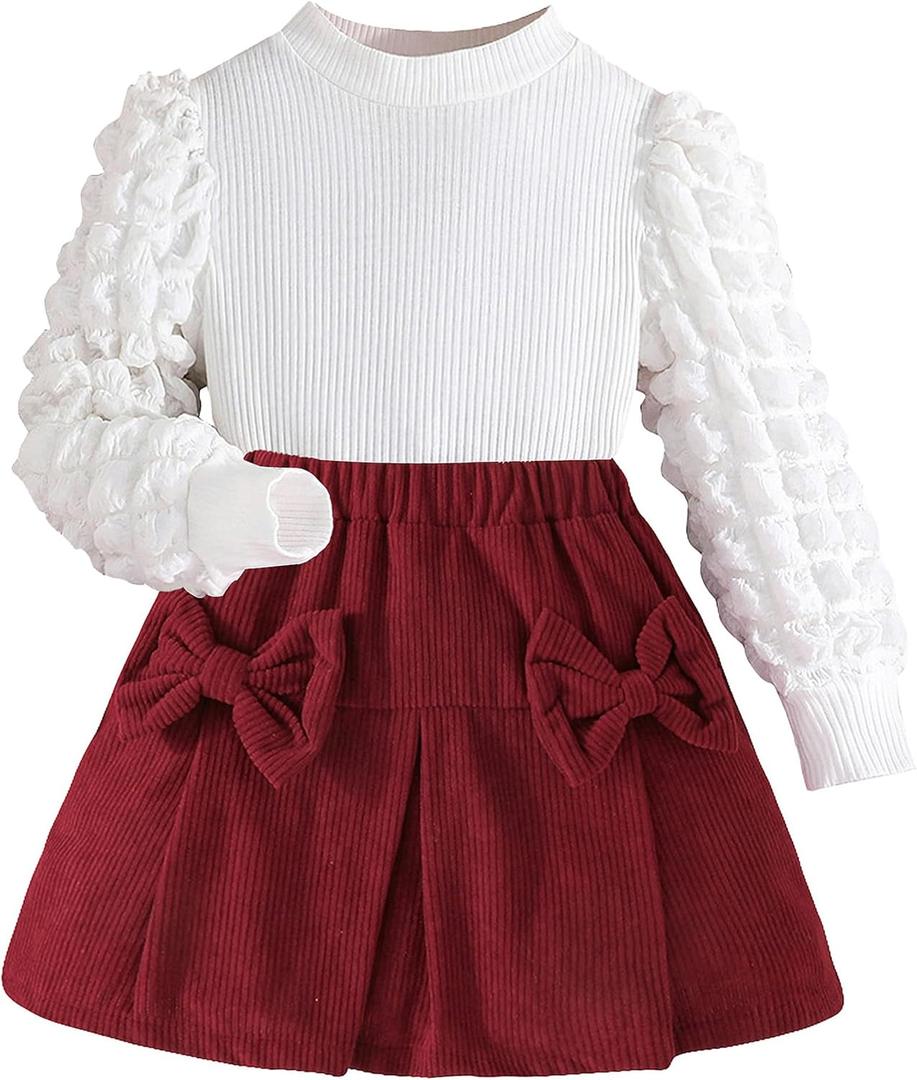 Toddler Girls Clothes Sets: Puff Sleeve Tops Plaid Mini Skirts Skirt Set 2 Piece Fall Winter Outfits 2-8 Years (XS)