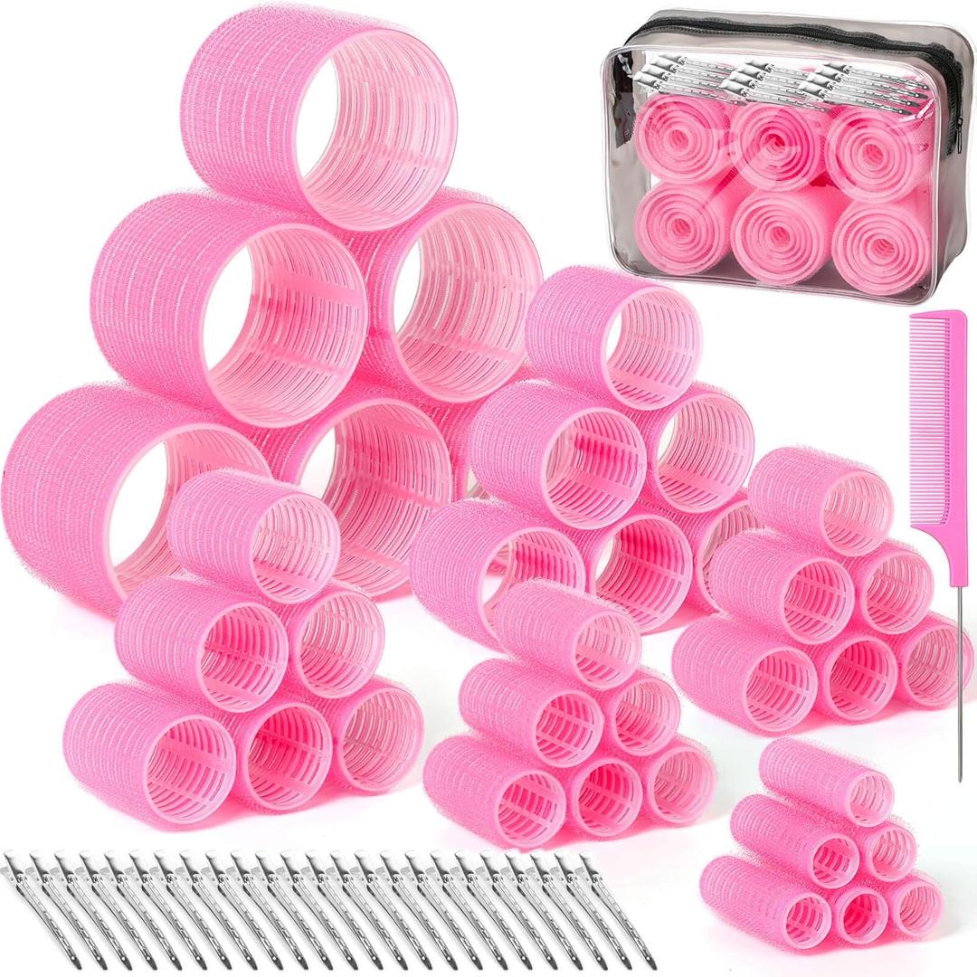 Tetutor 6 Size Hair Rollers for Women, 62 Pcs Rollers Hair Curlers for Long Medium Short Hair, Large Medium Small Self Grip Hair Rollers with 36 Rollers 24 Stainless steel Clips 1 Storage Bag (Pink)