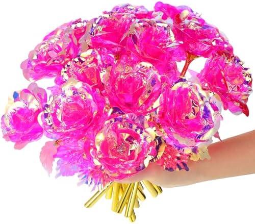 Lyrow 12 Pcs Galaxy Rose Flowers with Stems Gift for Her Forever Preserved 24k Fake Crystal Rose for Birthday Wedding Decor, 10'' (Pink)