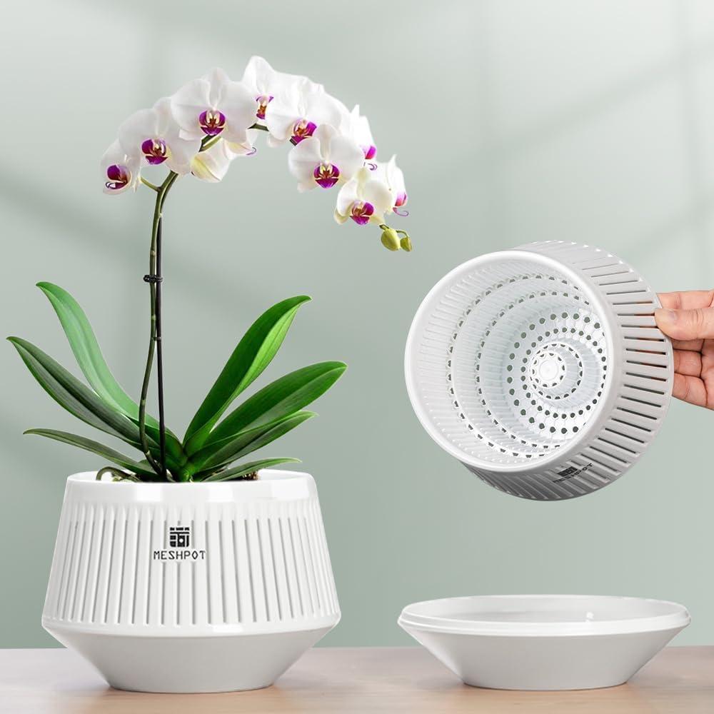 5 inch Orchid Pots with Holes for Repotting,Set of 1, Decorative African Violet Pots with Air-Pruning and Good Air Circulation, Plastic White Orchid Planter with Saucers