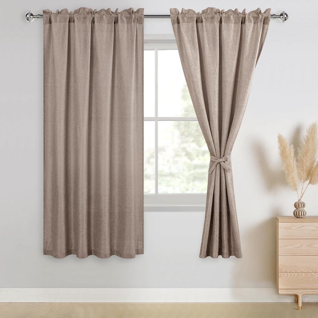 JIUZHEN Faux Linen Curtains for Bedroom, Rod Pocket Thick Semi Sheer Panels 63 Inch Length 2 Panels Privacy Protected Light Filtering Drapes for Living Room, 42 x 63 Inch, Khaki