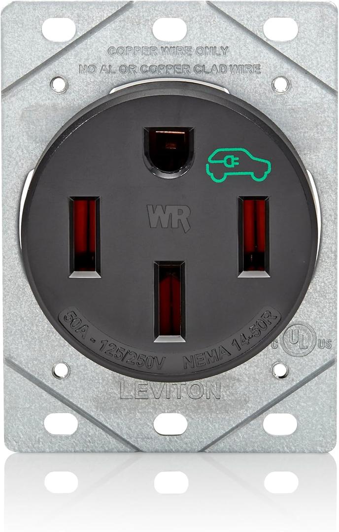 Leviton 50 Amp EV Charging Receptacle/Outlet, Heavy Duty, Weather Resistant, 1450W, Black
