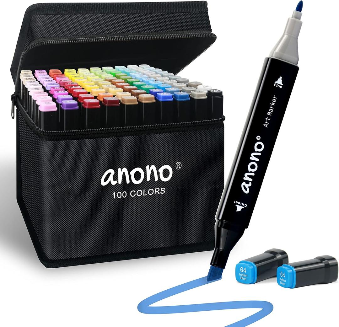 anono 100 Colors Alcohol Markers Set, Coloring Markers with Chisel and Fine Tips, Includes Carrying Case, Suitable for Book Painting and Coloring, Black Barrel