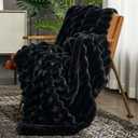 Cozy Bliss Faux Fur Throw Blanket for Couch, Cozy Warm Plush Striped Blanket for Sofa Bedroom Living Room, 50 * 60 Inches Black