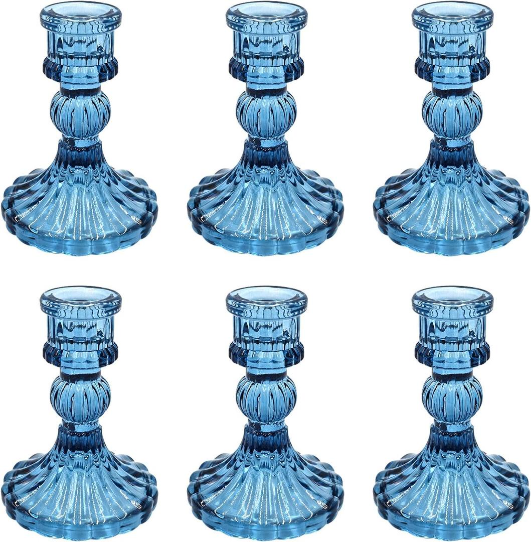 Glass Candlestick Holders Set of 6, Blue Stripe Taper Candle Holders for Table Centerpiece, Home Decorations, Valentine Day, Wedding and Party Glass Candlestick Holders Set of 6, Blue Stripe Taper Candle Holders for Table Centerpiece, Home Decorations, Valentine Day, Wedding and Party