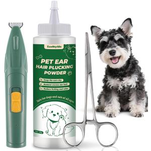 Dog Ear Hair Removal Tool 30g Ear Powder, 5.5" Hemostat & Electric Dog Ear Trimmer Helps Reduce Wax & Odor Grooming Kit for Schnauzers, Poodles & Breeds with Ear Hair