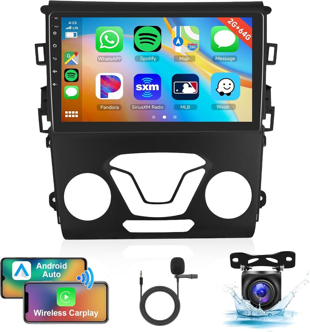 Car Radio Stereo for Ford Fusion 2013-2019 for Ford Mondeo, 2G+64G Android 13 Rimoody 9 Inch Wireless Carplay Android Auto Touch Screen GPS Navigation Bluetooth FM/RDS HiFi WiFi +Backup Camera