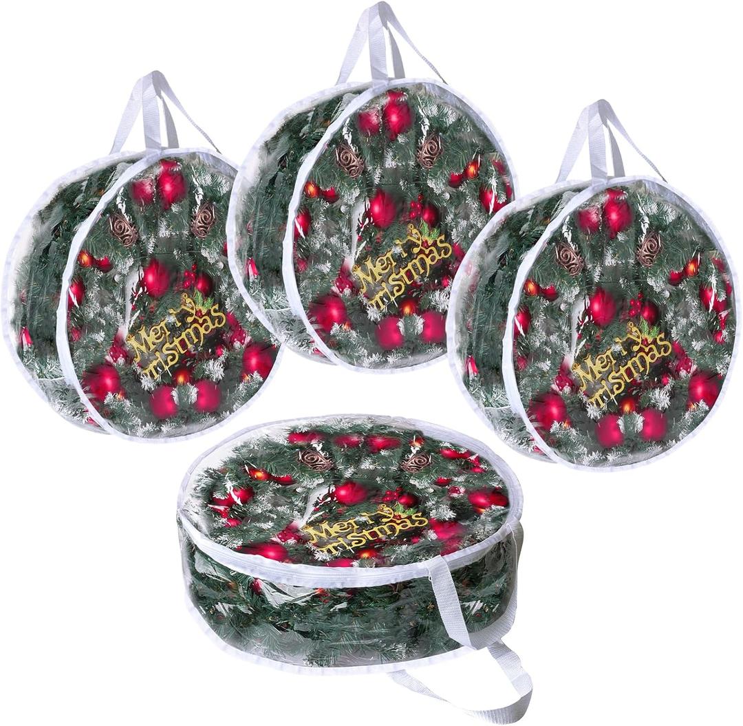 4Pcs Christmas Wreath Storage Container, Clear PVC Bag for 24-Inch Wreaths, Waterproof Dustproof for Garland & Christmas Decorations (White)