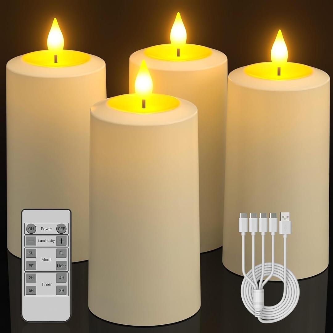 SoulBay Flameless LED Candles, 4-Pack USB Rechargeable, Flickering Waterproof White Pillar Candles with Remote Control Timer for Outdoor Lantern Patio Yard Indoor Holiday Decor, 2.75 x 5.1 Inches