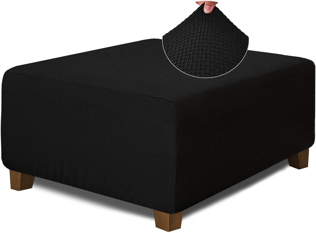 NeColorLife Square Ottoman Cover Jacquard Fabric Thick Stretchable Slipcover for Oversized Square Ottoman Furniture Protector,X-Large,Black