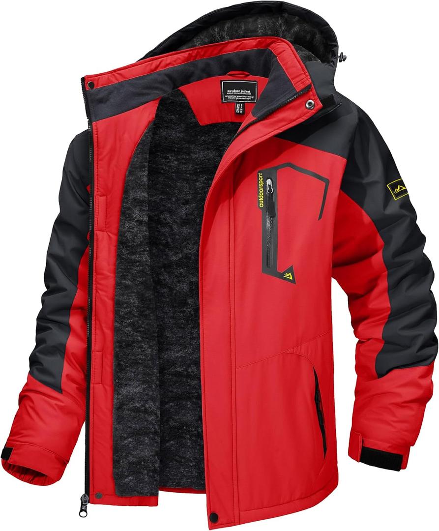 TACVASEN Men's Winter Skiing Jackets Water Resistant Fleece Coats Insulated Thermal Snowboard Jacket Parka Raincoat with Hood (Large, #215 Red)