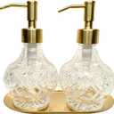 Kollong Glass Soap Dispenser with Pump and Stainless Steel Tray.Vintage Soap Dispenser Bathroom & Kitchen Set w. Dish Soap, Hand Soap, Lotion Dispenser (Gold)