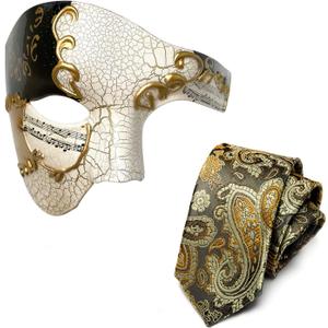 HyperFun Mens Masquerade Phantom of The Opera Mask and Silk Necktie Set - Venetian Half Face Ball Mask for Costume Parties (Earl of Black Gold)