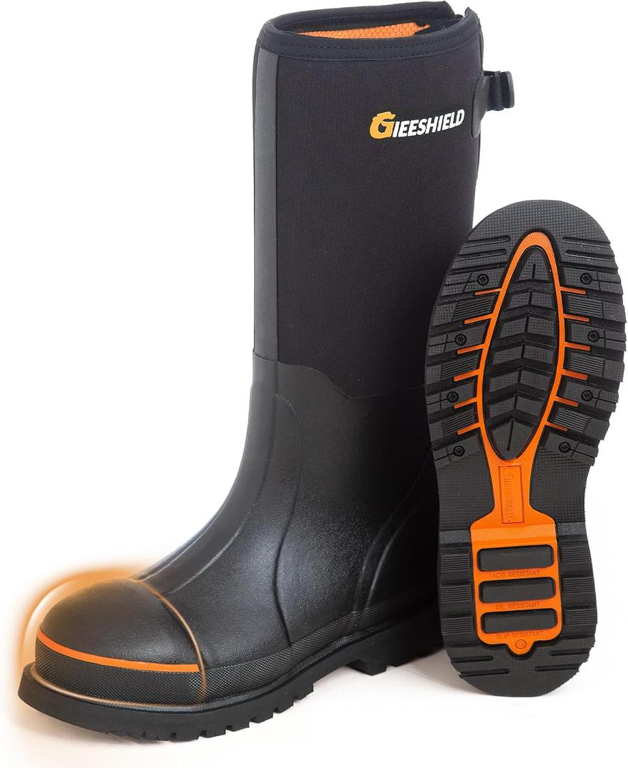 Men's Rubber Work Boots with Steel Toe & Shank, Waterproof & Anti-Slip, 6mm Neoprene, Durable Brown Rubber Boot for Construction, Farming, Manufacturing, Sizes 