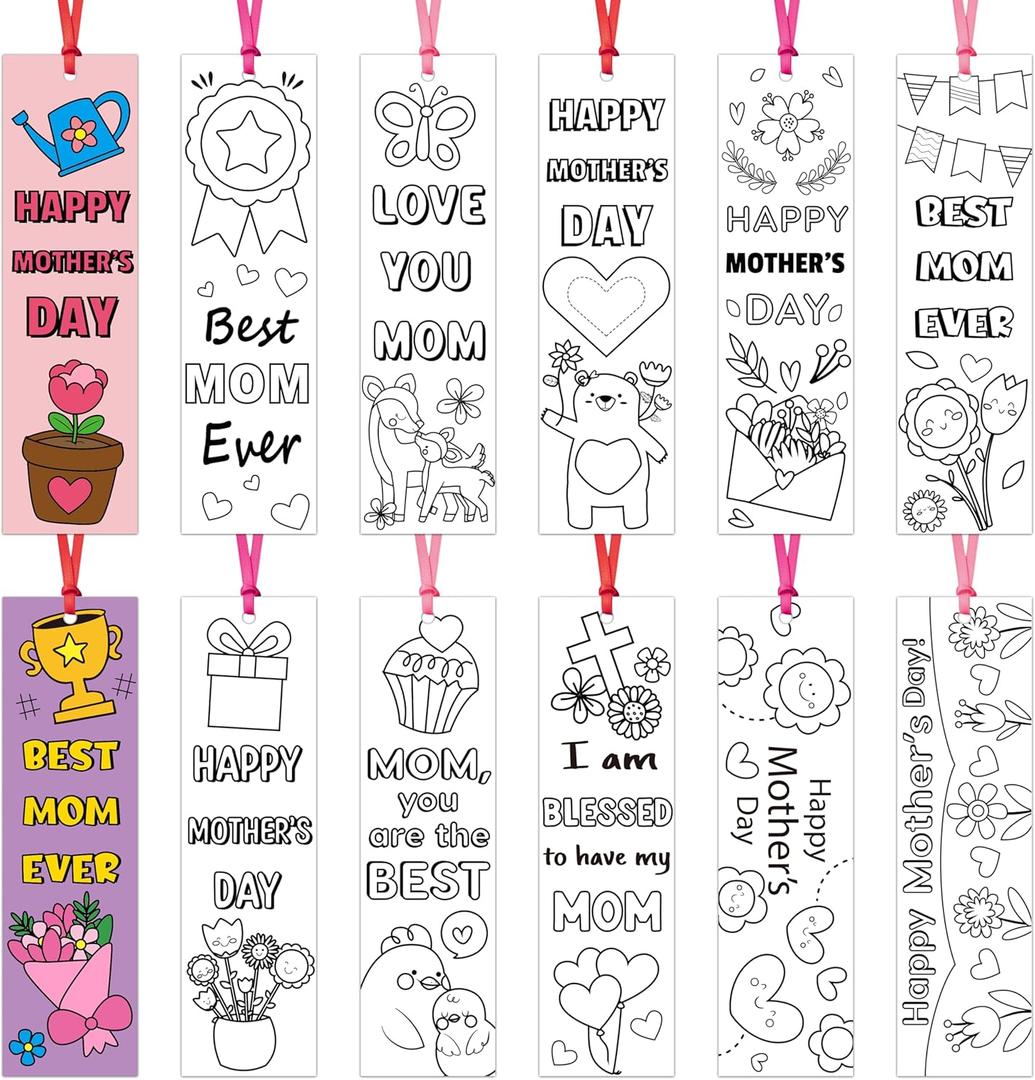 BWkoss Mother's Day Color Your Own Bookmarks for Kids -75Pcs Happy Mother's Day DIY Coloring Bulk Blank Bookmark Classroom Art Craft Supplies for Student Mother's Day Holiday Party Goodie Fillers