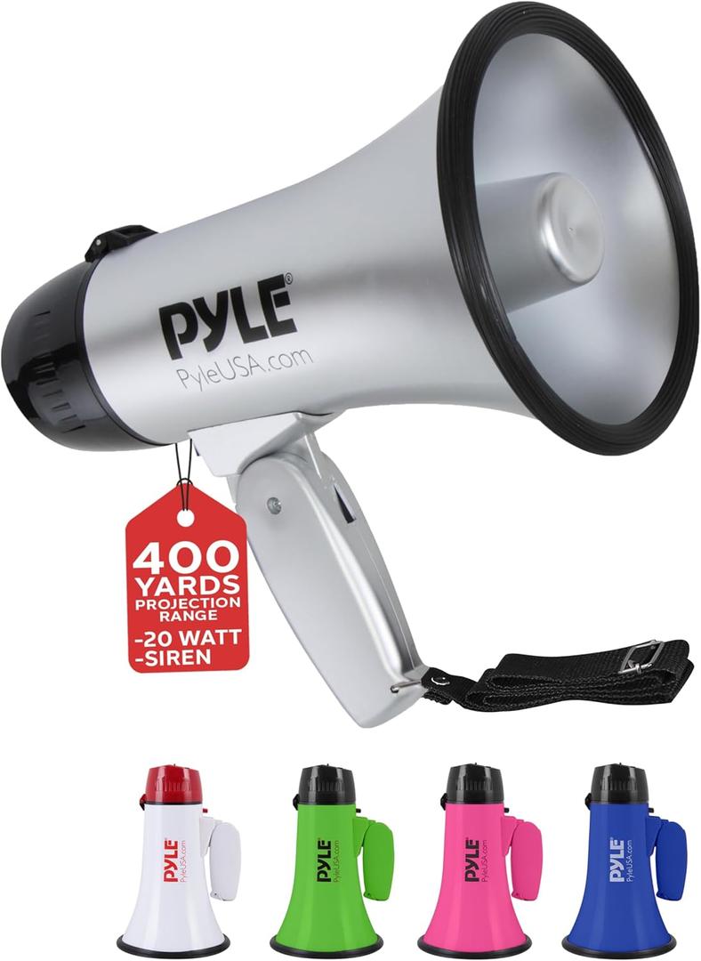 PYLE-PRO Portable Megaphone Speaker Siren Bullhorn - Compact and Battery Operated with 20 Watt Power, Microphone, 2 Modes, PA Sound and Foldable Handle for Cheerleading & Police Use-PMP23SL (Silver)