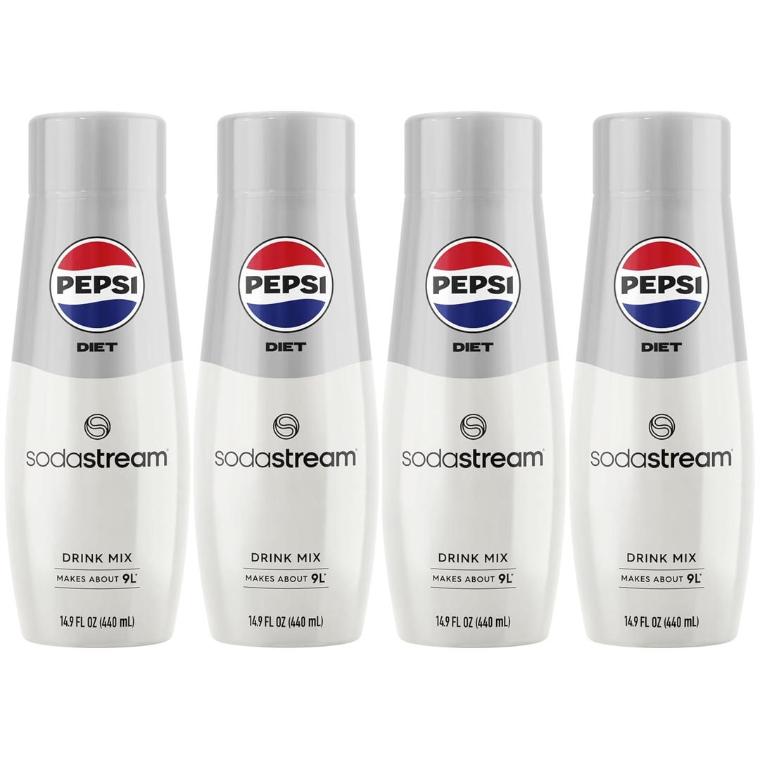 SodaStream - Diet Pepsi Beverage Mix Diet Flavor for SodaStream Turns 9.5 Gallons of Sparkling Water into Diet Pepsi Light, Crisp and Refreshing with Zero Calories 14.9 Fl Oz, Pack of 4, Best By 05/17/2026