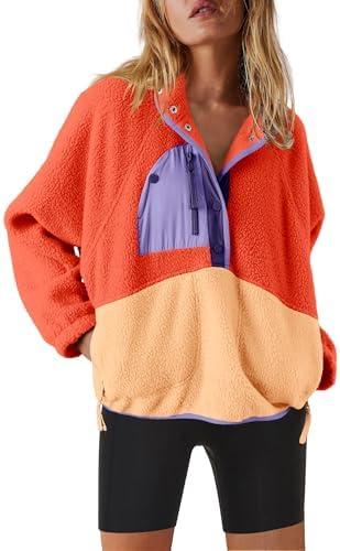 Nirovien Womens Fleece Pullover Long Sleeve Sherpa Jacket Button Down Fuzzy Sweatshirt Warm Outwear with Pockets, Small