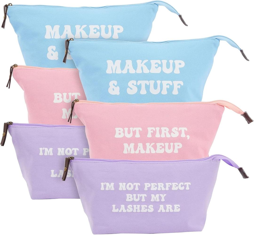 6 Pack Small Cosmetic Canvas Makeup Bags for Women with Zipper, 3 Colors and Designs (8 x 4 x 6 In) (Blue, Pink, Purple)