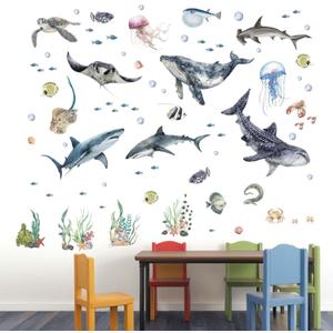  Under The Sea Wall Decals - Marine Theme Shark Whale Fish Sea Turtle Ocean Wall Stickers - Bathroom Baby Nursery Kids Bedroom Daycare Wall Decor