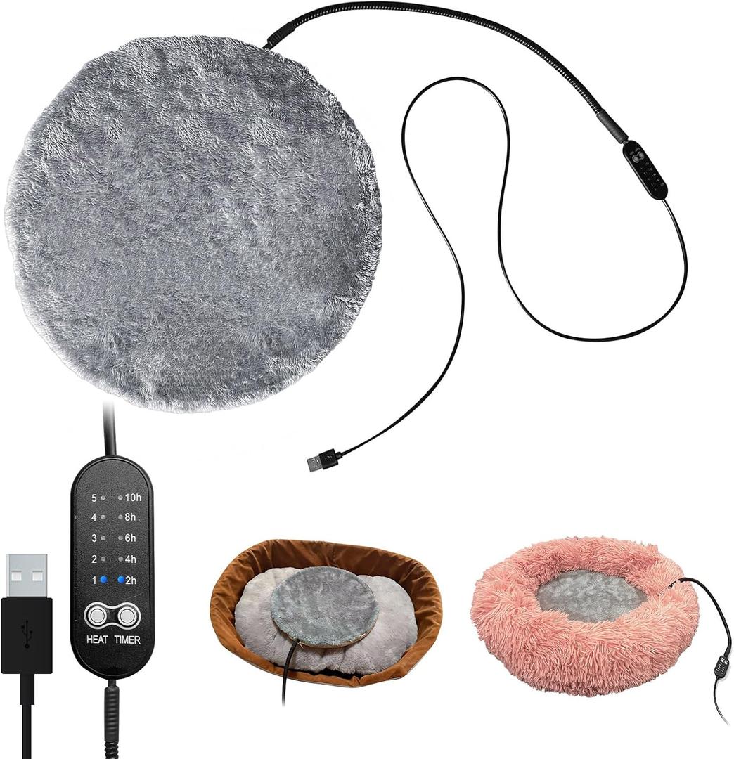 2-in-1 Round Pet Heating Pad Large 14"x14" with Washable Cover - Heated Bed Warmer Insert & Standalone Mat for Large Cats Medium Dogs - USB Powered 5 Temps Timer Auto Shut-Off - Indoor Outdoor