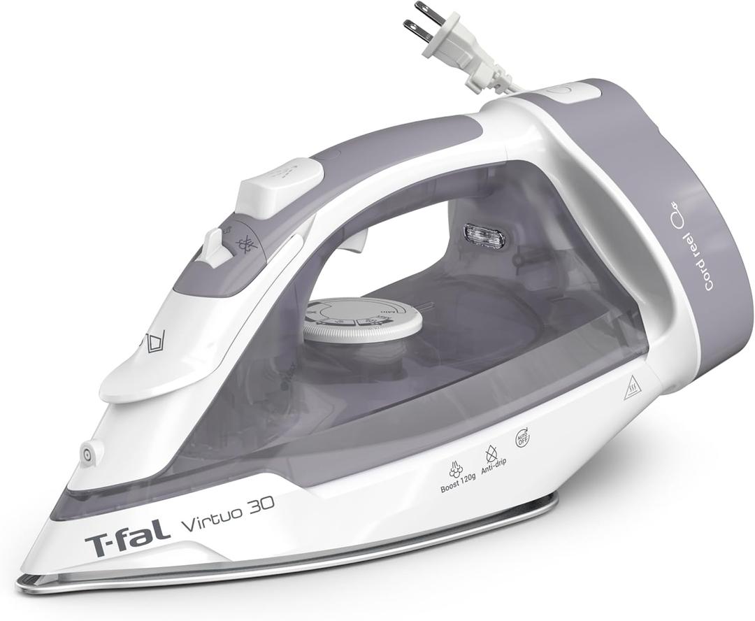 T-Fal Virtuo Steam Iron for Clothes with Retractable Cord, Portable Iron and Steamer for Clothes, Ceramic Nonstick Soleplate, 1500 Watts, Anti-Drip, Auto-Off, Scratch Resistant, Grey