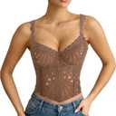 LEACOOLKEY Lace Corset Top for Women Sexy Sheer Floral Bustier Going Out Lace-up Bralette Club Party Concert Crop Top (Large, Brown)