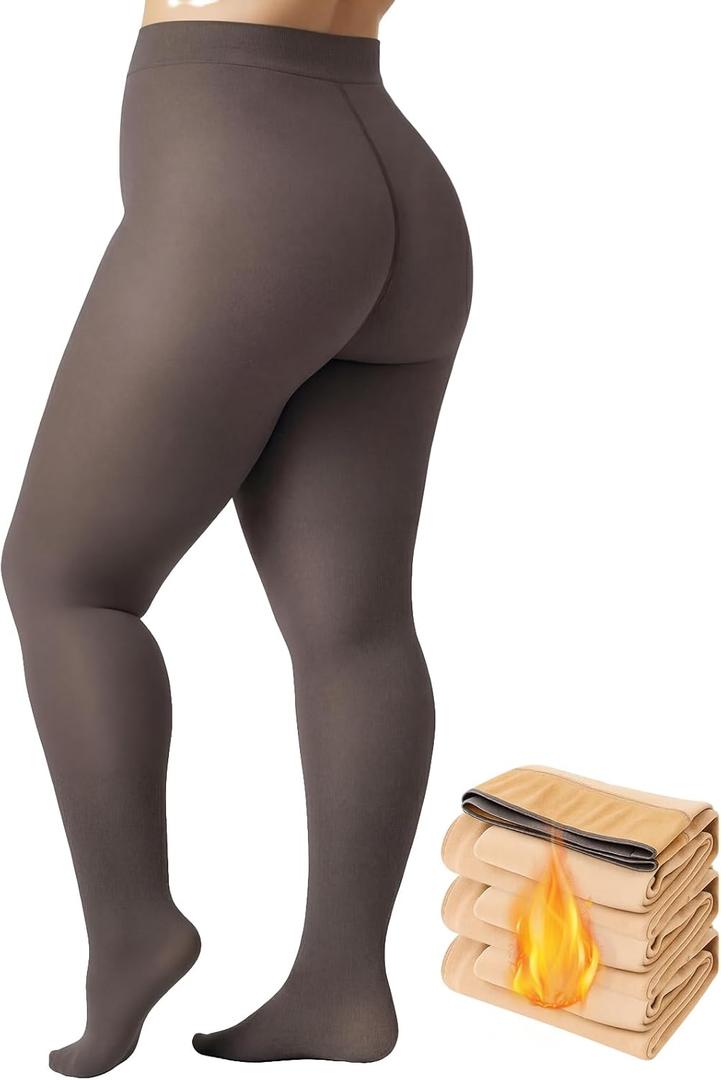 Plus Size Fleece Lined Tights Women, 300g Warm Pantyhose Leggings, Fake Translucent Thermal Tights Winter (3X-Large-4X-Large, Grey)