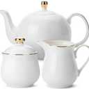 BTaT- 3 Piece Tea Set, Creamer and Sugar and Teapot Set, White Cream and Sugar Bowl and Creamer Set White Teapot Porcelain Teapot, Milk and Sugar Serving Set, Porcelain Tea Pot Ceramic Teapot