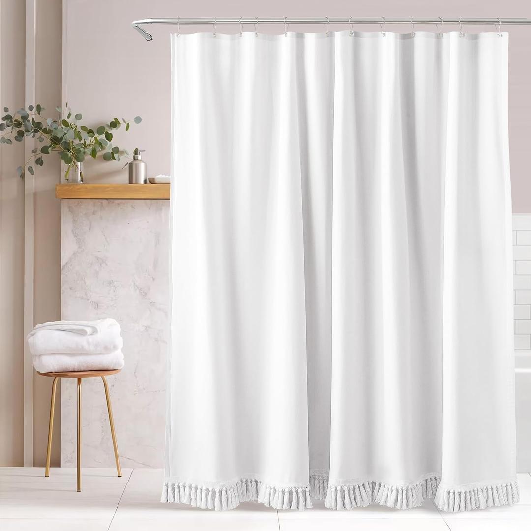 White Linen Shower Curtain with Tassels, Cloth Textured Fabric Shower Curtain, Modern Farmhouse Country Bath Curtains for Bathroom,72x72