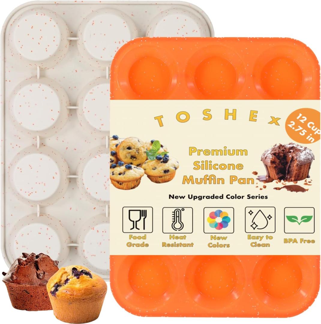 TOSHEX Silicone Muffin Pan 12 Cup Regular Silicone Cupcake Pan [2 Pack] Non-stick Silicone Molds Great for Making Muffin Cakes, Bread, Tart, Brownies (Cream & Orange, 2 Pack 24 Cup Mini)
