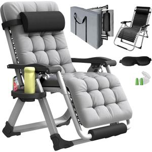 Oversized Zero Gravity Chair, XL Lounge Chair 29 Width, Padded Reclining Camping Chair W/Removable Cushion & Adj Headrest, Storage Bag, Footrest Cushion, Cup Holder, for Indoor Outdoor, Gray (Grey)