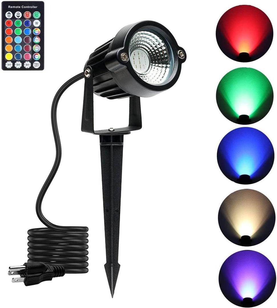 Outdoor Spotlights, Yard Spot Lights with Timer, 5W 120V RGB Colored Waterproof Memory Dimmable LED Landscape Light with Spiked Stand for Halloween Christmas Yard Lawn Pathway Tree House (1 Pack)