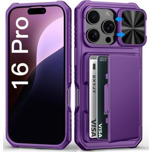 For iPhone 16 Pro Case with Camera Cover, Built-in Credit Card Holder (4-5 Cards), Military Grade Protection, Heavy Duty Women Men Protective Wallet Phone Case for iPhone 16 Pro, Dark Purple