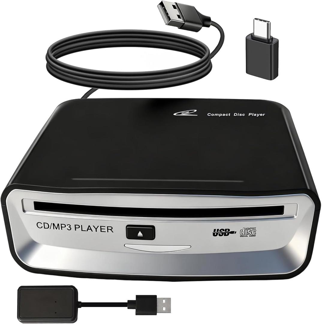 Portable CD Player for Car, External USB Compact Disc Drive for Vehicles Without Built-in Audio, Advanced Anti-Skip & Resume Playback, Dual Connection for Road Trips, Black
