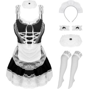 paloli Maid Cosplay Costume For Women, Classic Japanese Anime Dress With Lace Apron And Stocking Set. (Small/Medium, Black)